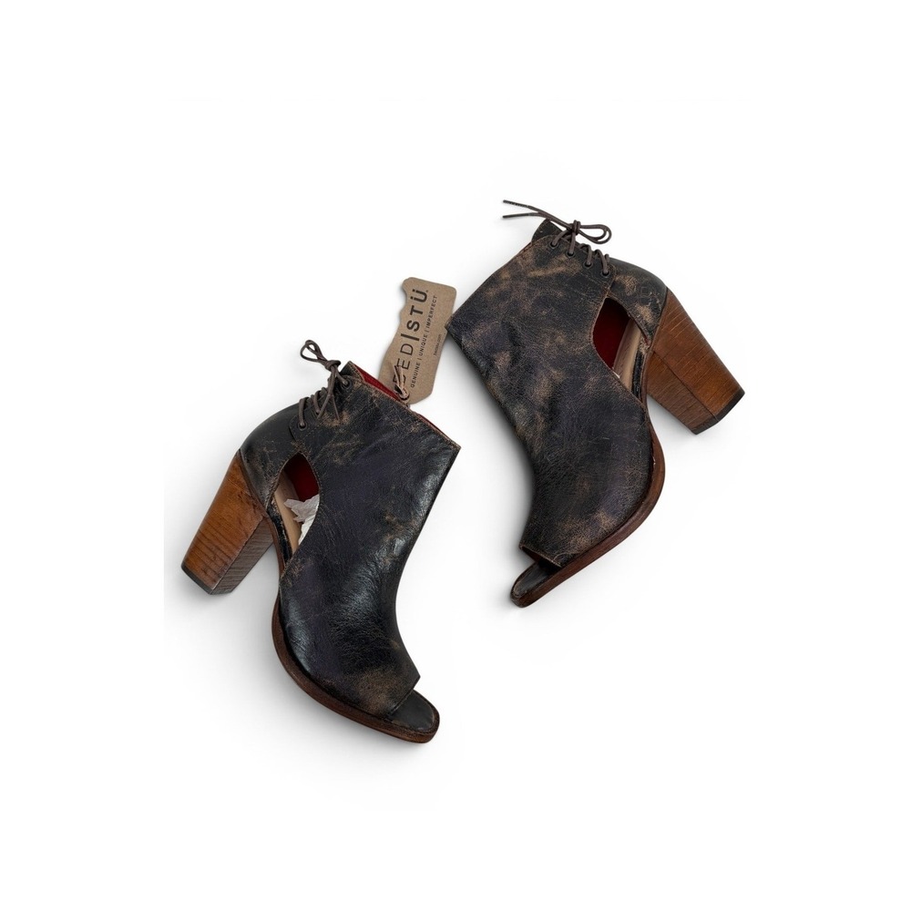 Bed Stu Angelique‎ Heels Womens 9 Black Lux Distressed Leather Peep Toe Bootie